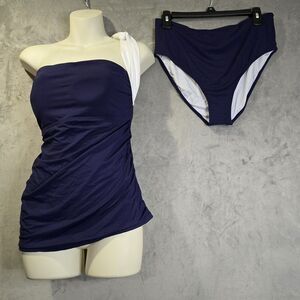 Tempt‎ Me 2 Piece Swimsuit Size XL Navy Blue One Shoulder Tankini Top &  Bottoms